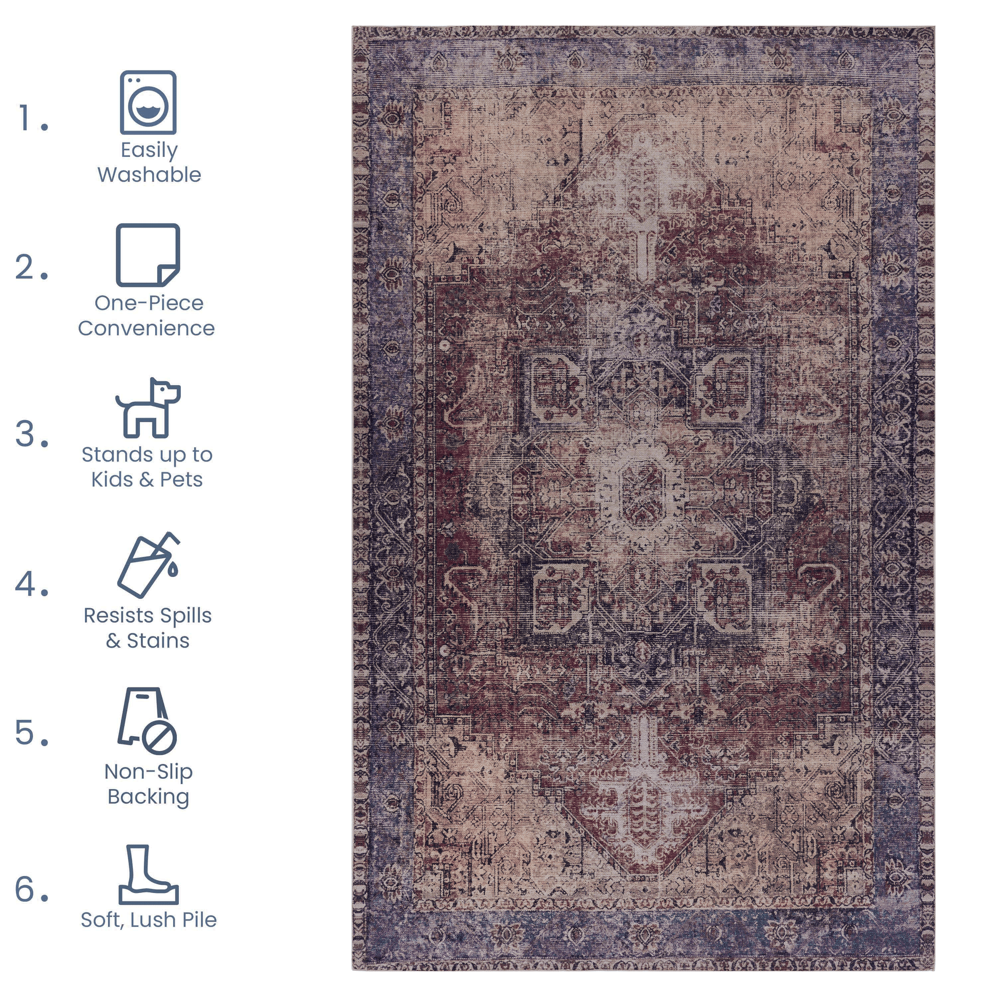 Distressed Persian style rug with deep purple and burgundy hues featuring intricate floral and geometric patterns