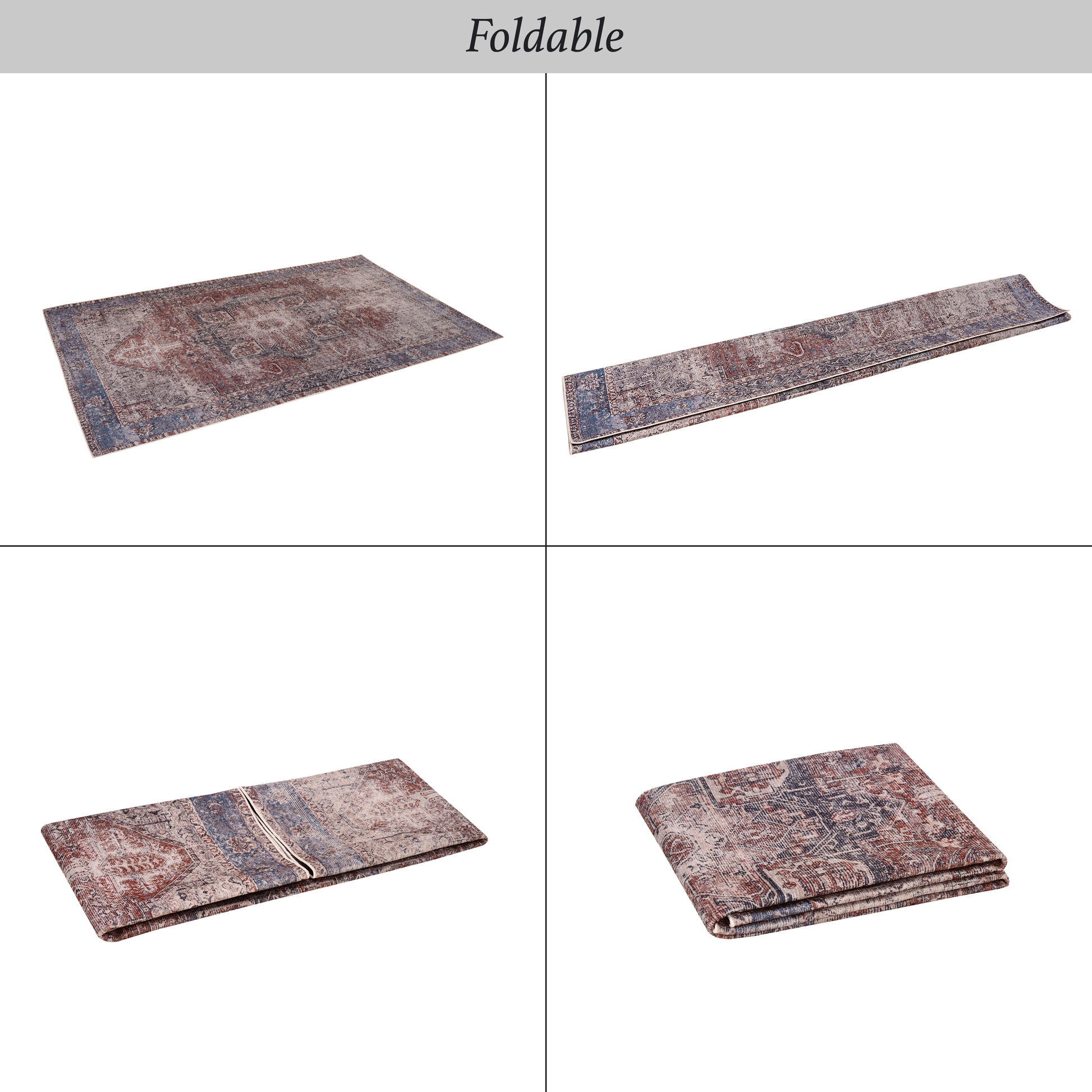 Persianstyle area rug with distressed red and blue floral pattern in a folded state