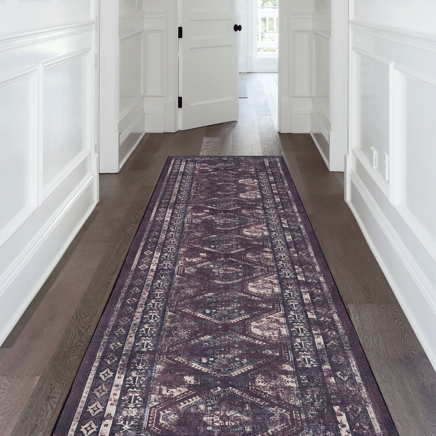 Durable vintage runner rug with distressed Persian pattern in deep purple and cream hues perfect for hallways