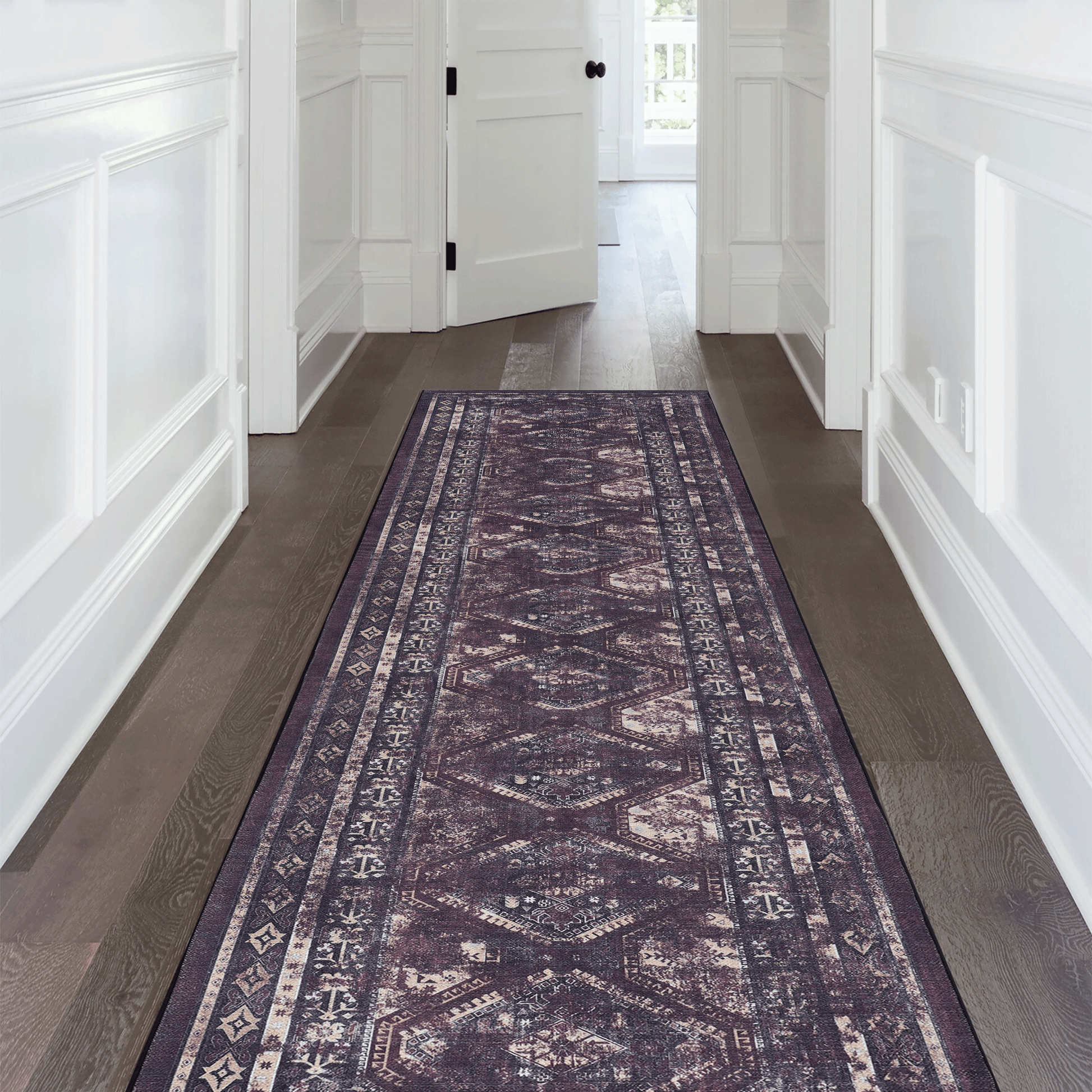 Durable vintage runner rug with distressed Persian pattern in deep purple and cream hues perfect for hallways