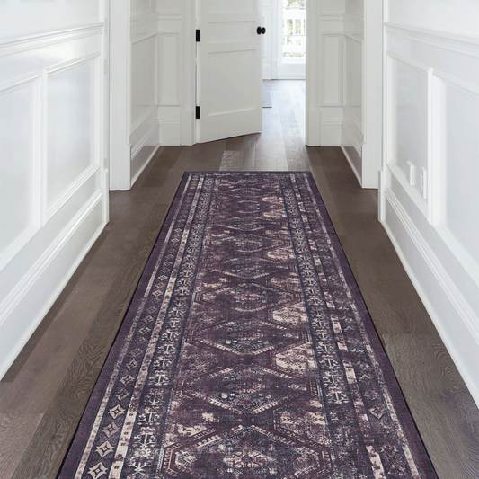 Durable vintage runner rug with distressed Persian pattern in deep purple and cream hues perfect for hallways