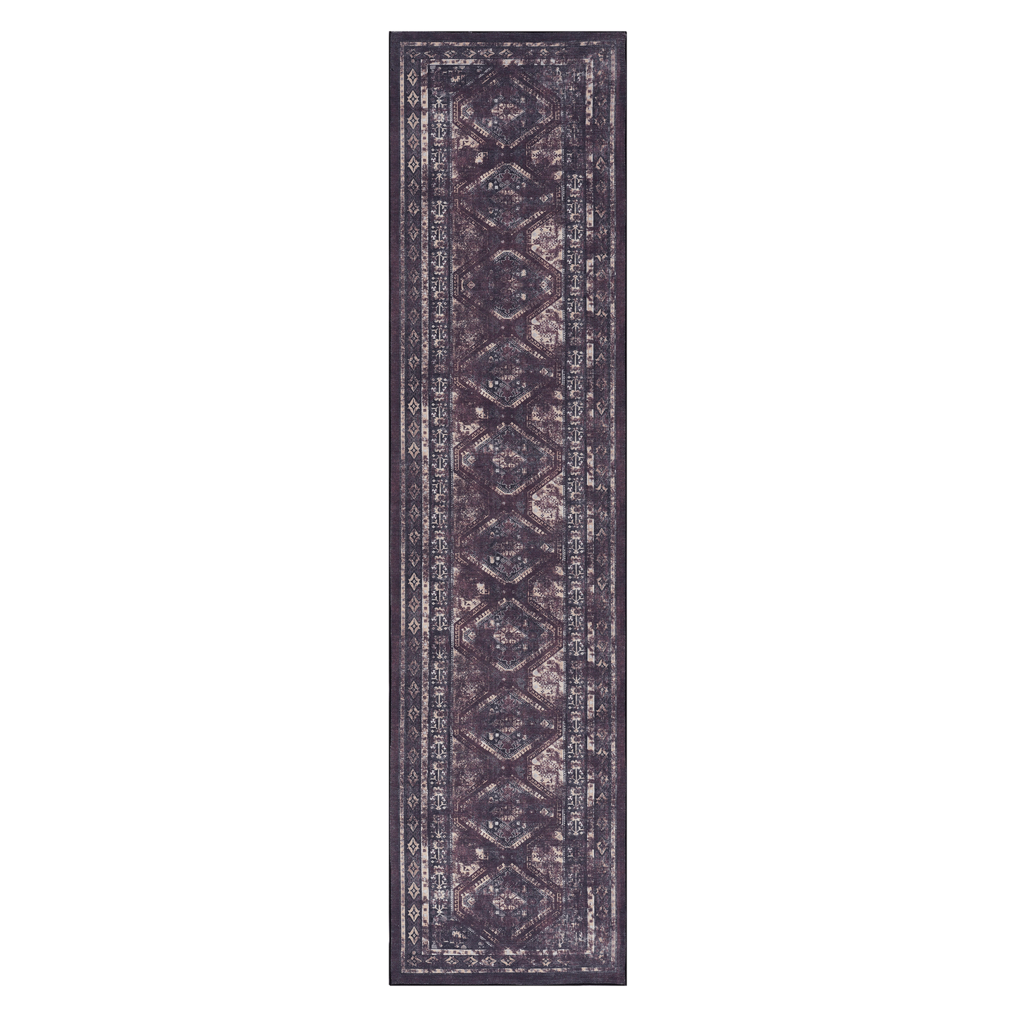 Dark purple distressed Persian runner rug with geometric patterns for hallways