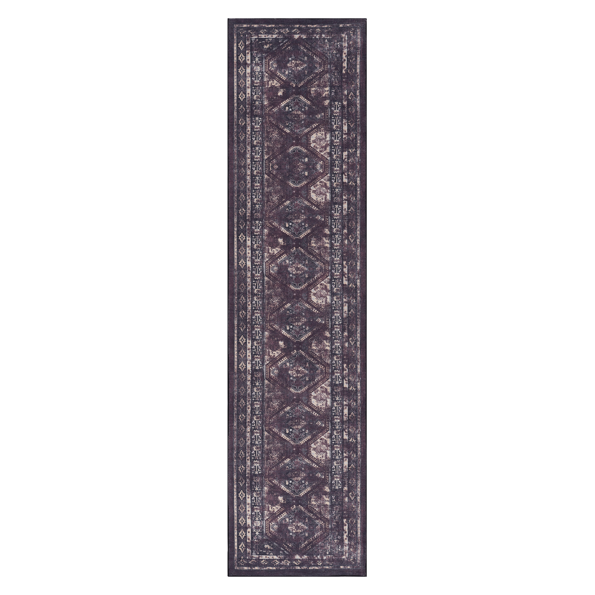 Dark purple distressed Persian runner rug with geometric patterns for hallways