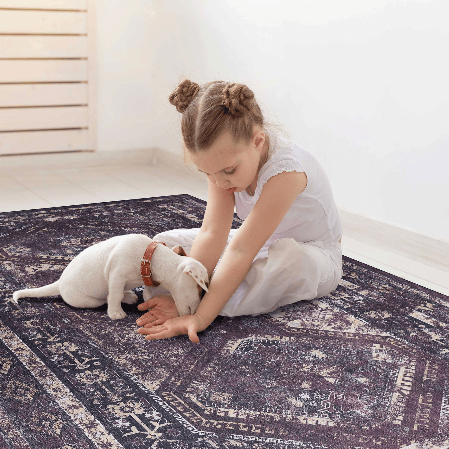 Distressed purple Persian rug with intricate geometric and floral patterns perfect for adding vintage charm to any room