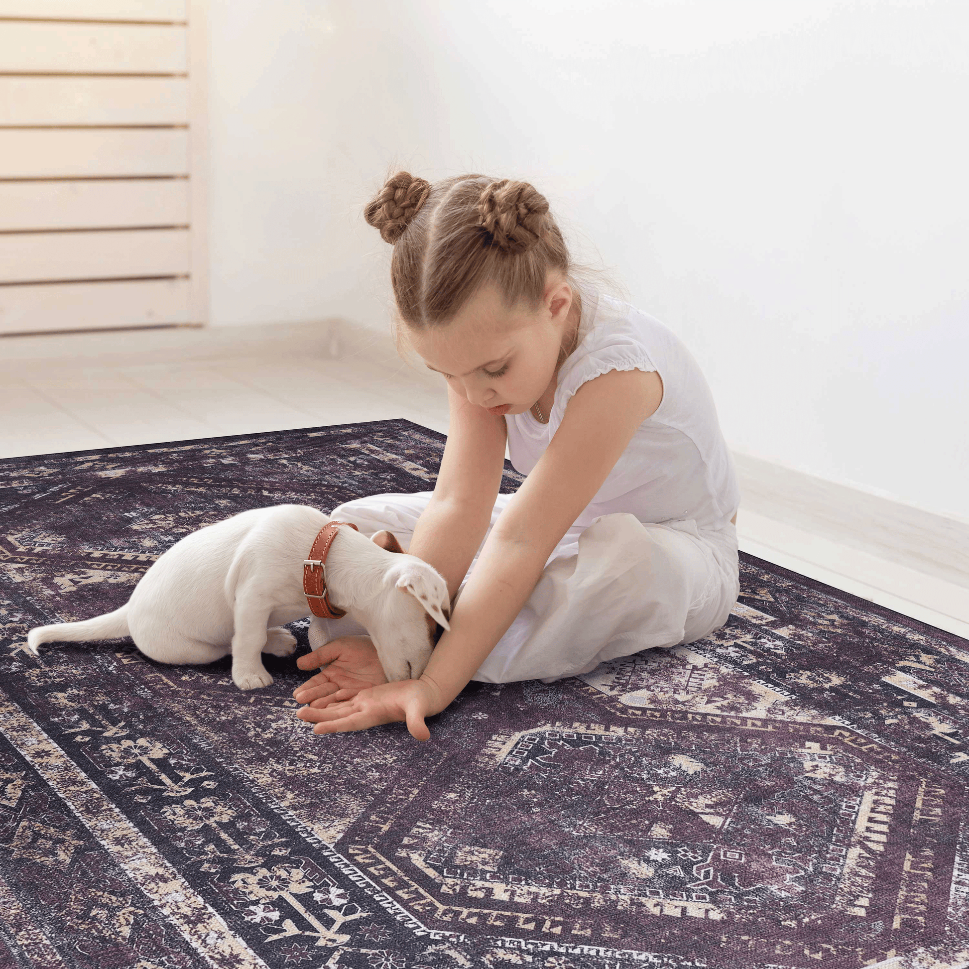 Distressed purple Persian rug with intricate geometric and floral patterns perfect for adding vintage charm to any room