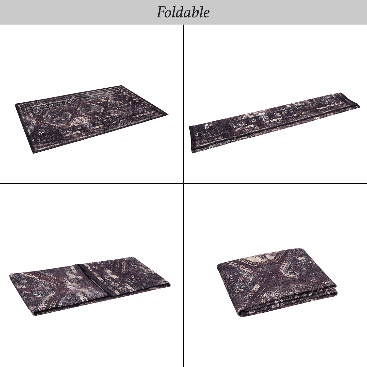 Dark patterned foldable rug with oriental design displayed flat