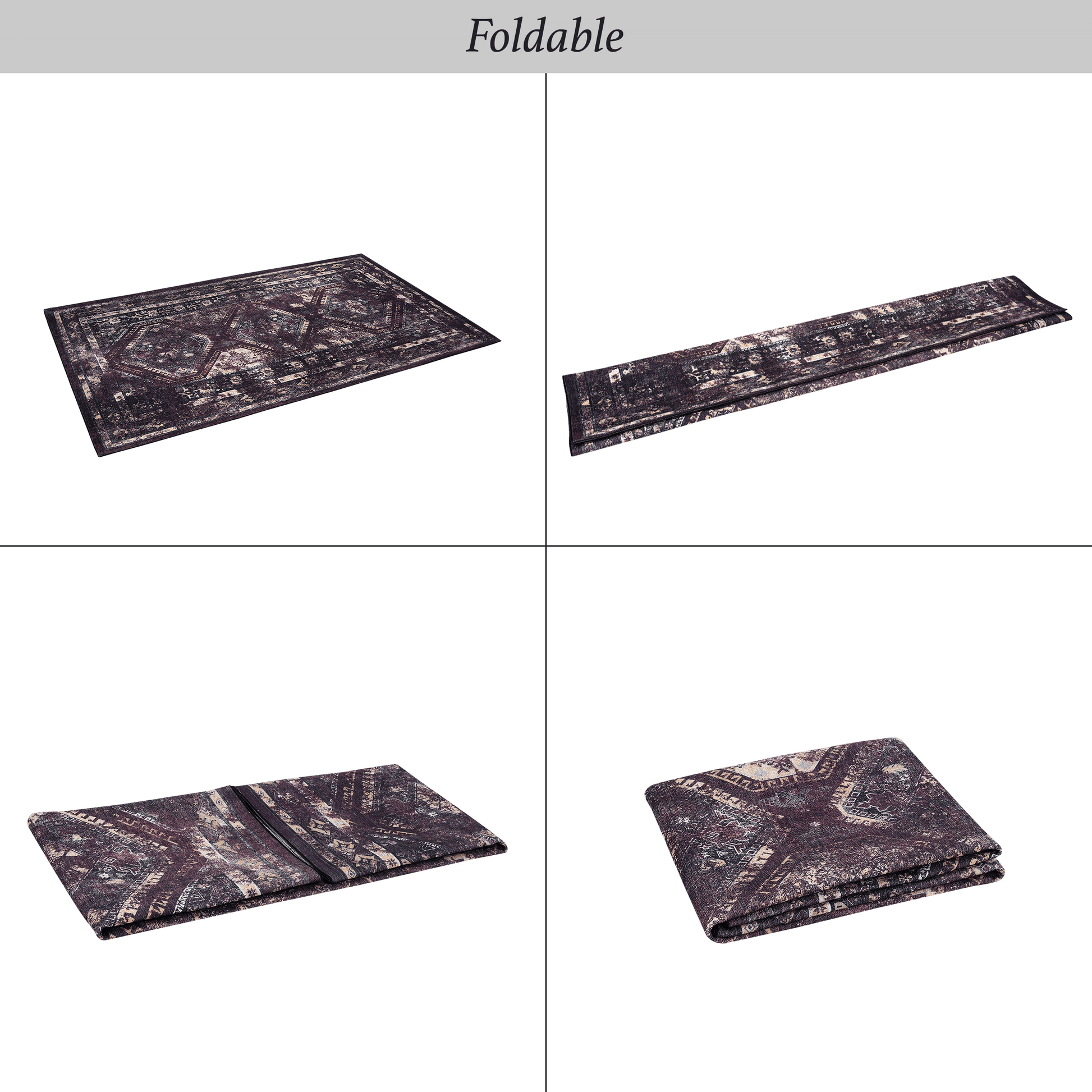 Dark patterned foldable rug with oriental design displayed flat