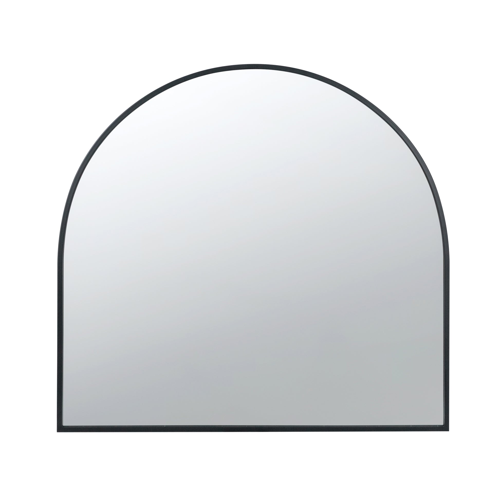 Black arched metal frame mirror with clear reflective glass