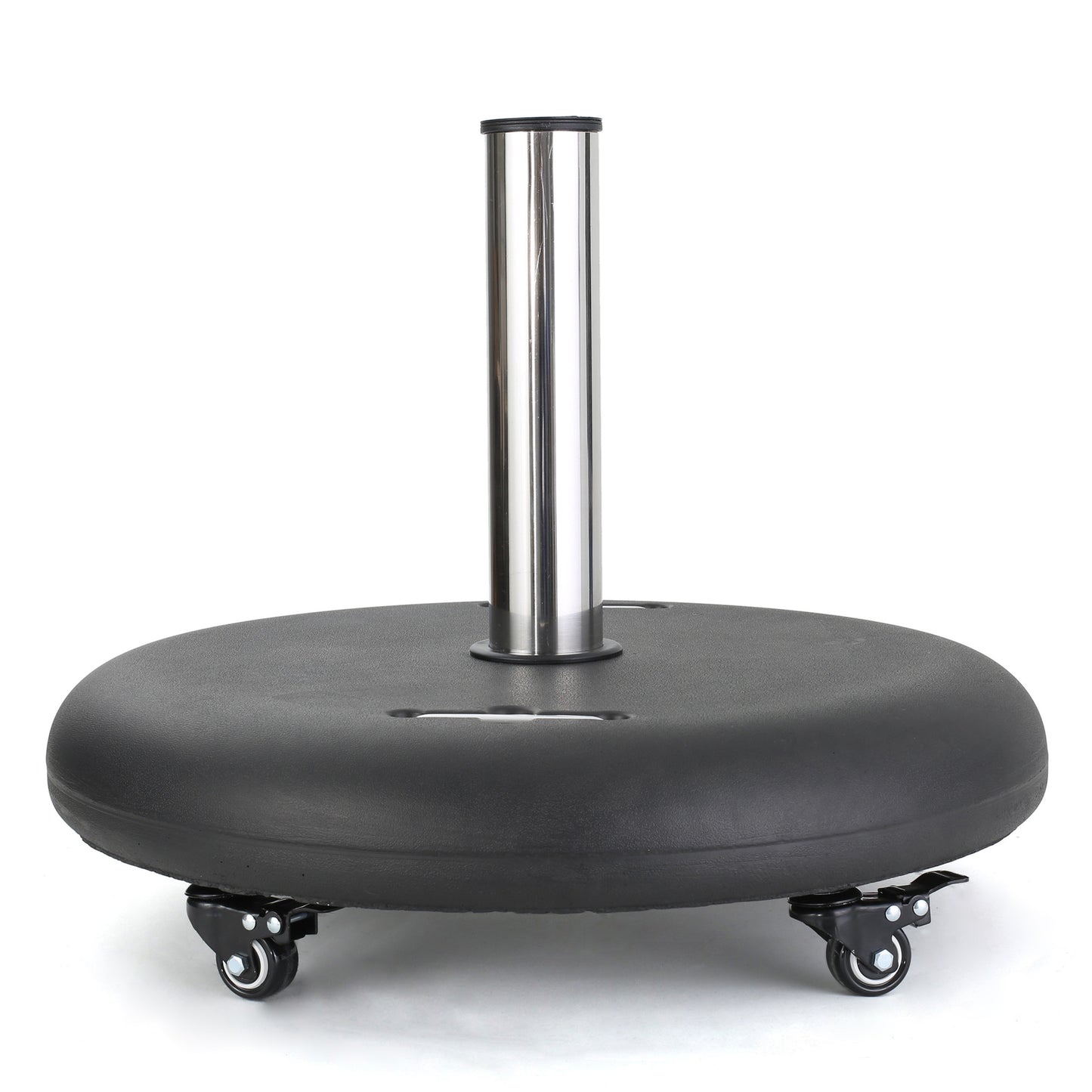 Heavy duty patio umbrella base with lockable wheels for secure outdoor placement