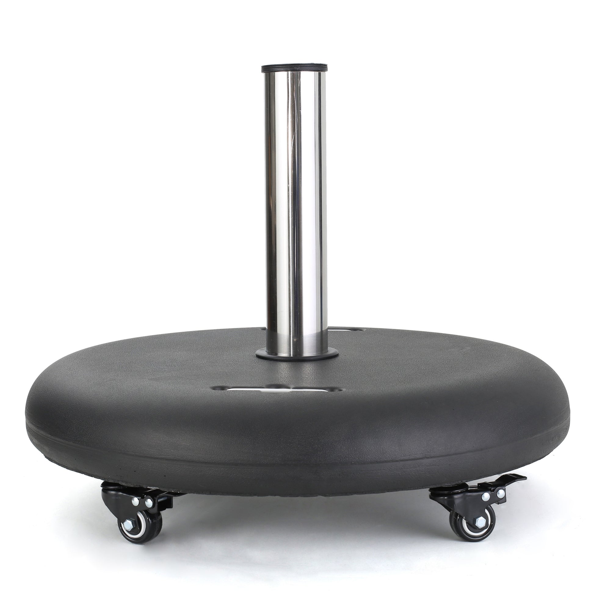 Heavy duty patio umbrella base with lockable wheels for secure outdoor placement