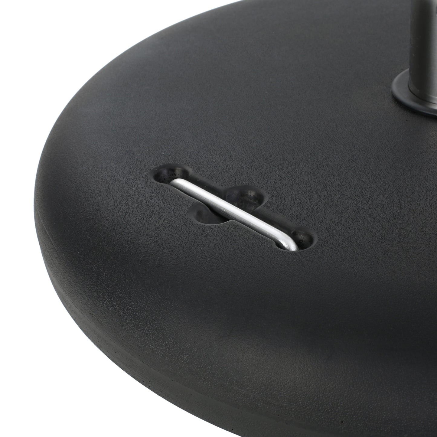 Black textured plastic umbrella stand base with metal pin for stability