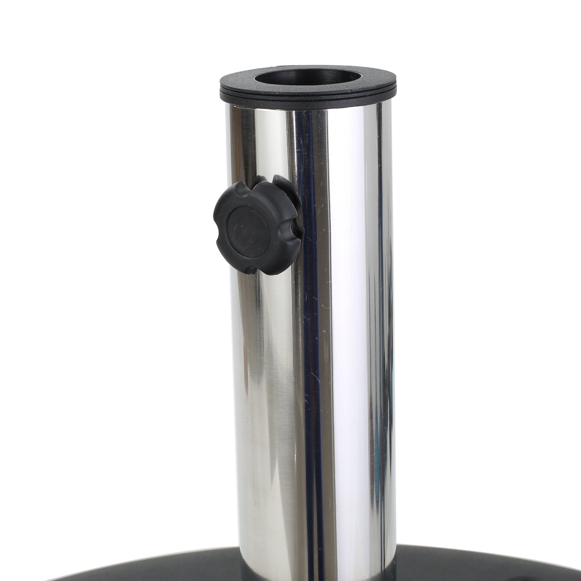 Closeup of a polished stainless steel patio umbrella stand pole with black knob