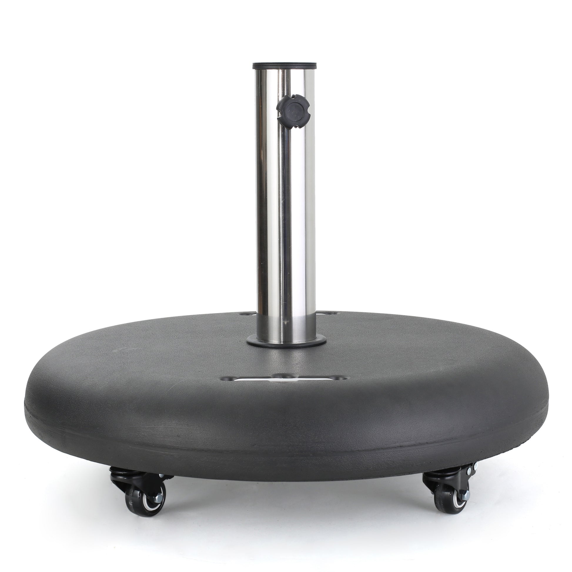 Heavyduty round patio umbrella base with steel pole and rolling casters for easy movement