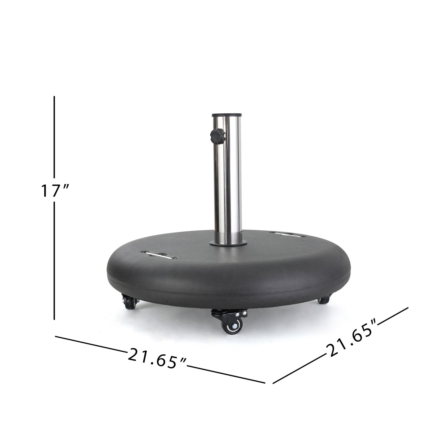 Round black patio umbrella base with wheels and chrome pole