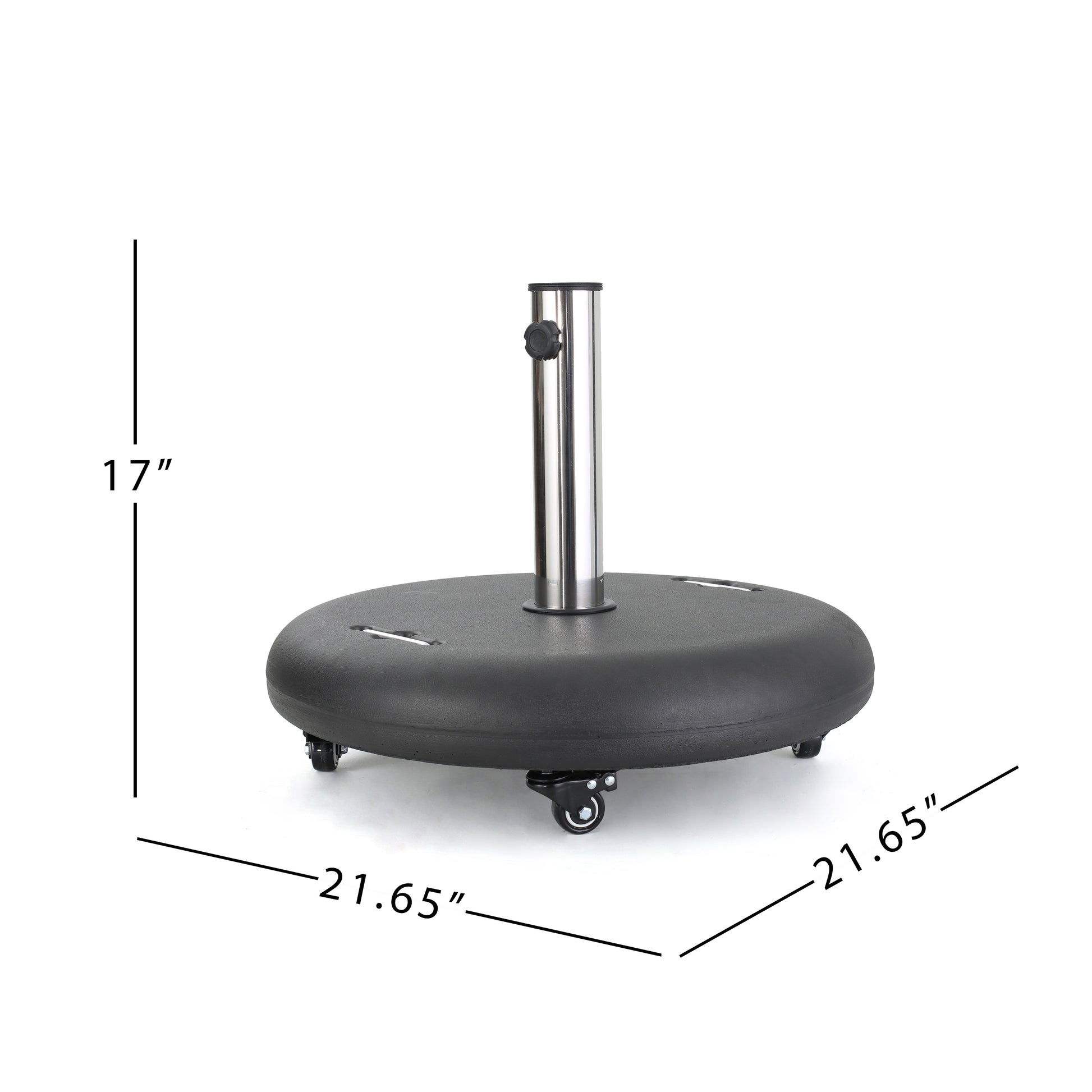 Round black patio umbrella base with wheels and chrome pole