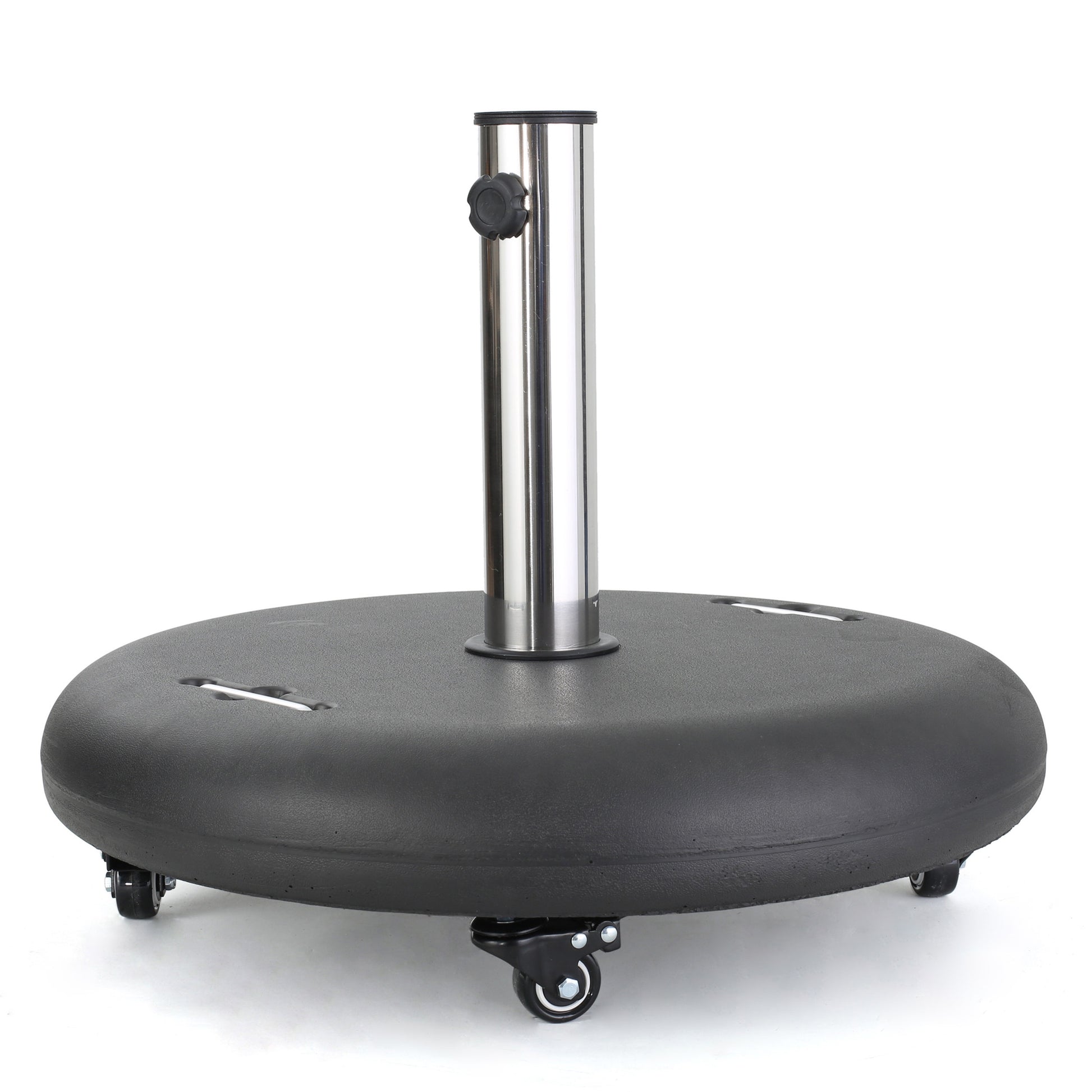 Black resin patio umbrella base with stainless steel pole and wheels