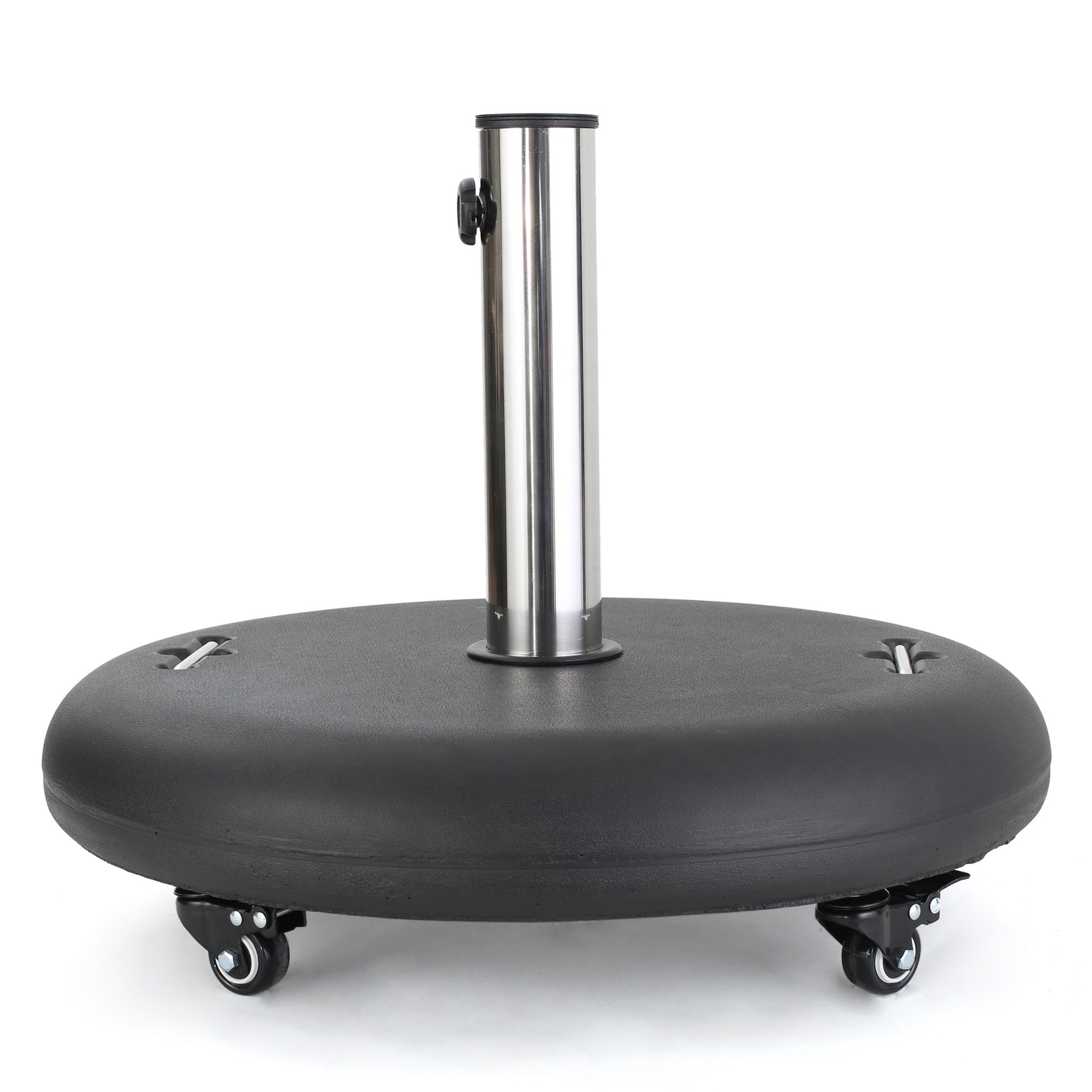Black resin patio umbrella base with wheels and silver pole