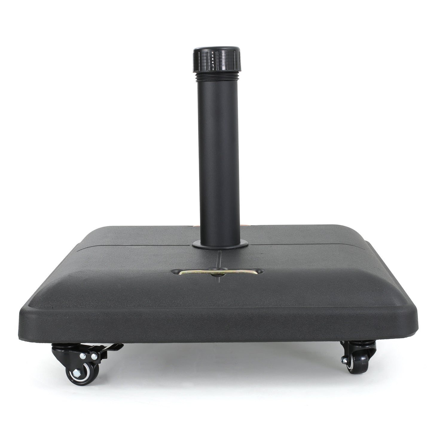Black rolling patio umbrella base with adjustable handle and durable resin construction for outdoor stability