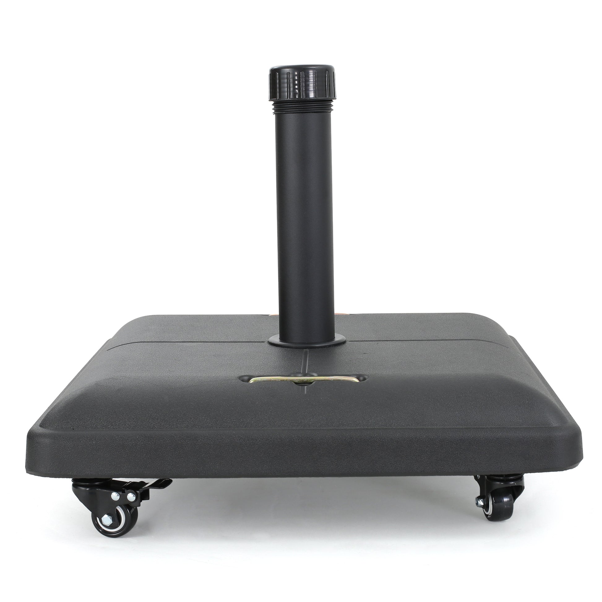 Black rolling patio umbrella base with adjustable handle and durable resin construction for outdoor stability