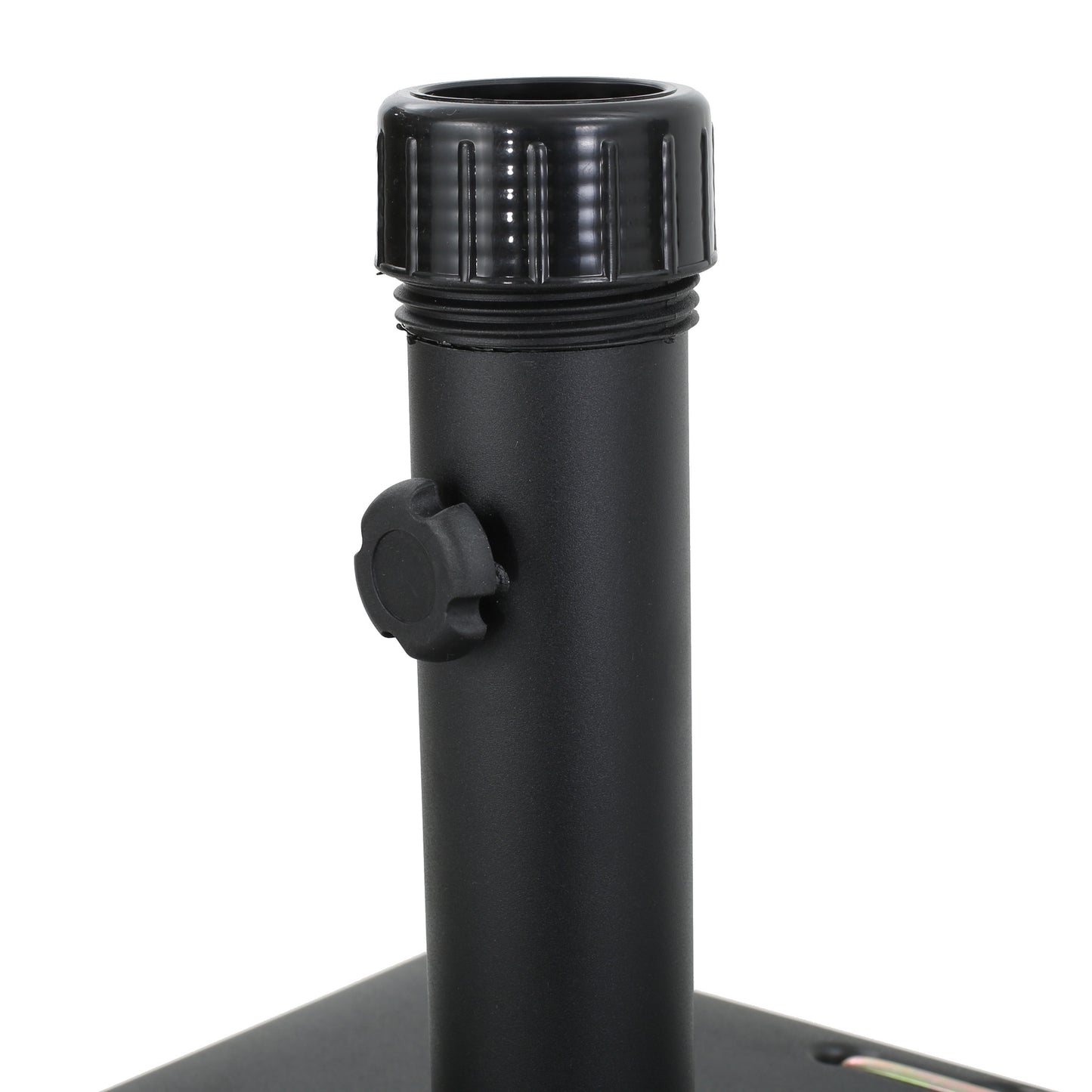 Black metal umbrella stand base with adjustable knob and threaded cap