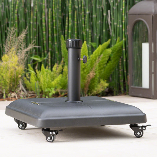 Black square umbrella base with wheels ideal for patio furniture