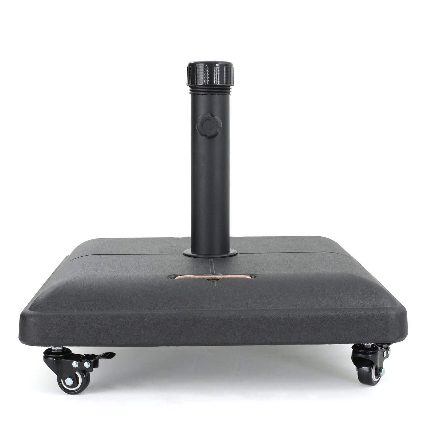 Black weighted patio umbrella base with wheels for stability and easy relocation