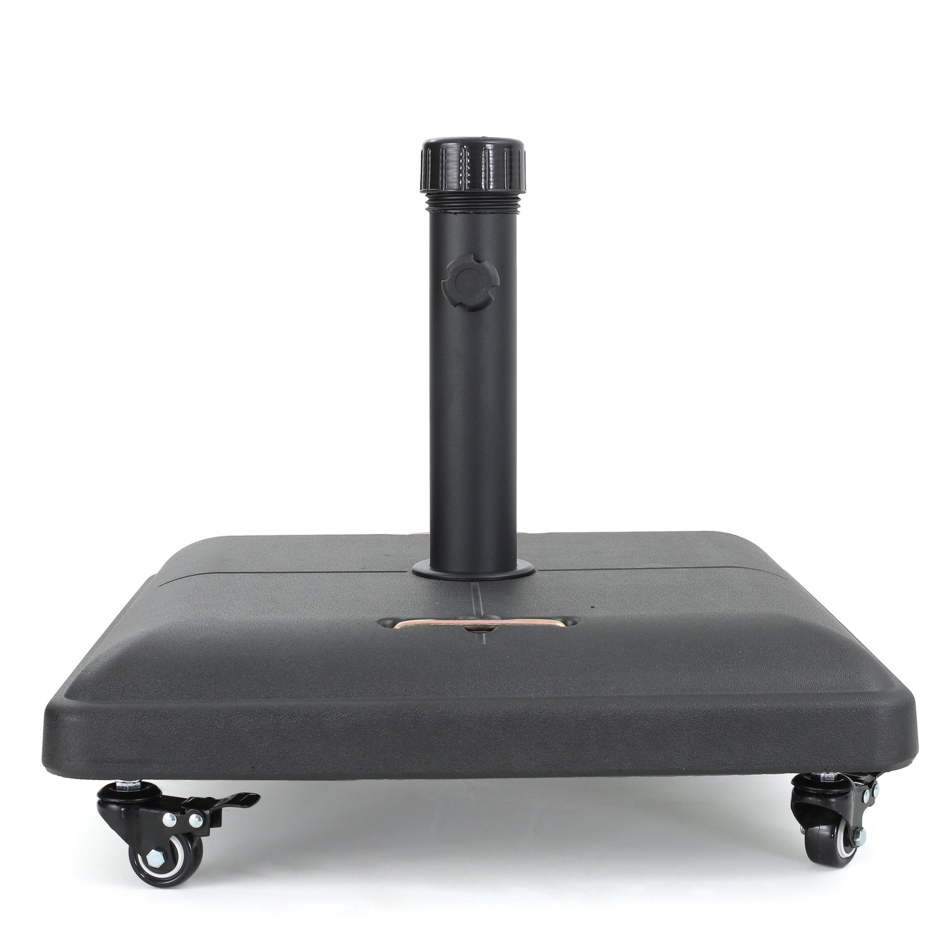 Black weighted patio umbrella base with wheels for stability and easy relocation