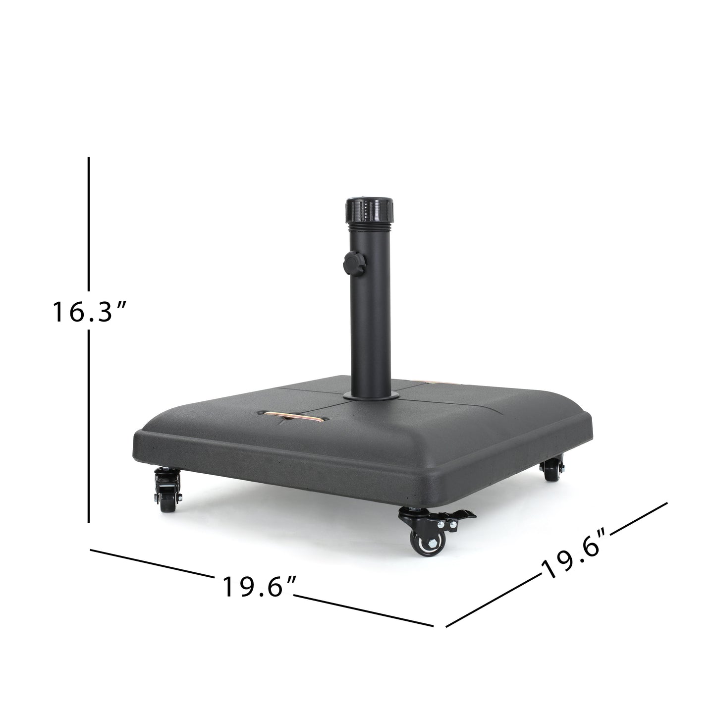 Black wheeled patio umbrella base with adjustable height pole support and locking mechanism