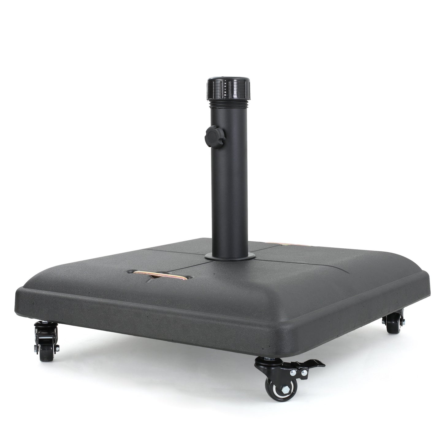 Black wheeled umbrella base with adjustable height pole for patio stability