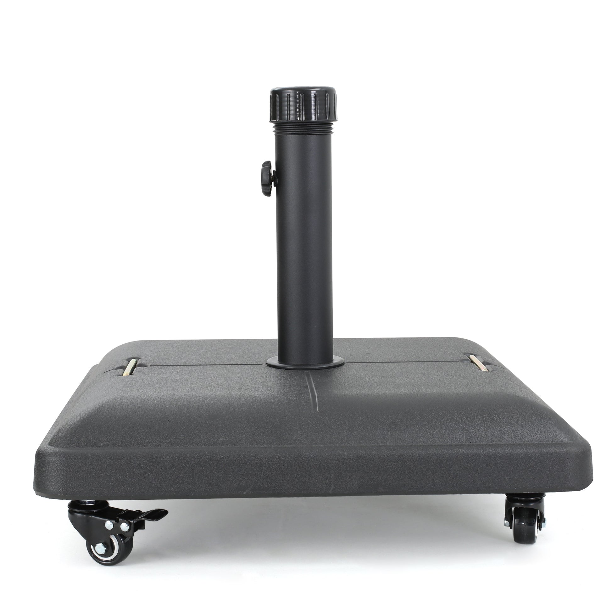 Black wheeled patio umbrella base with adjustable knob and center pole