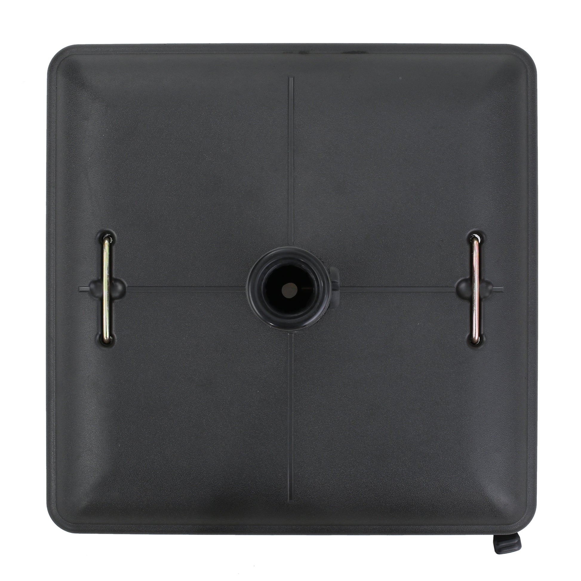 Black square patio umbrella base with metal inserts for stability