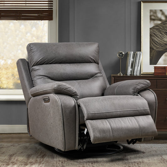 Gray leather power recliner with white stitching and control panel