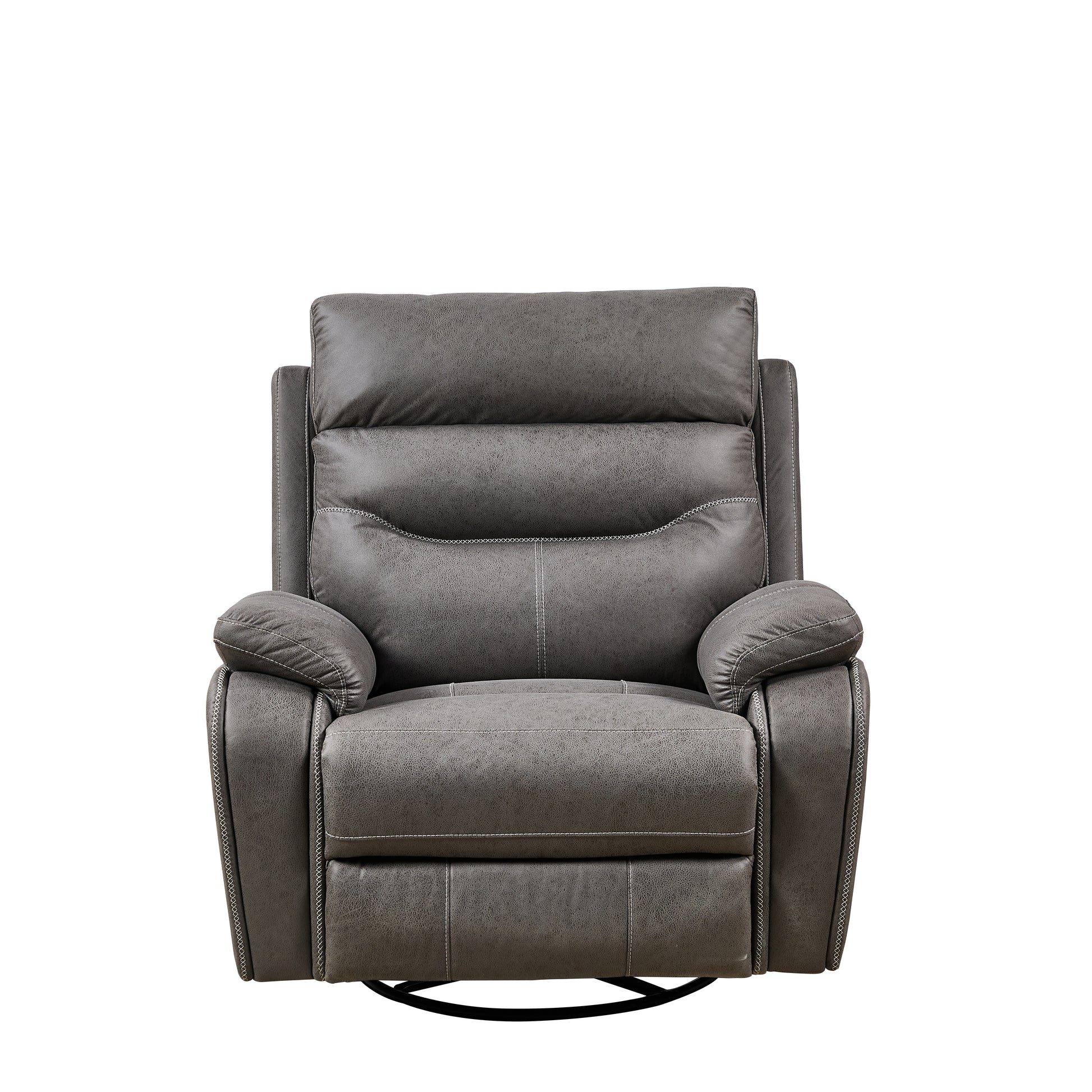 Gray faux leather reclining chair with stitched detailing and padded headrest