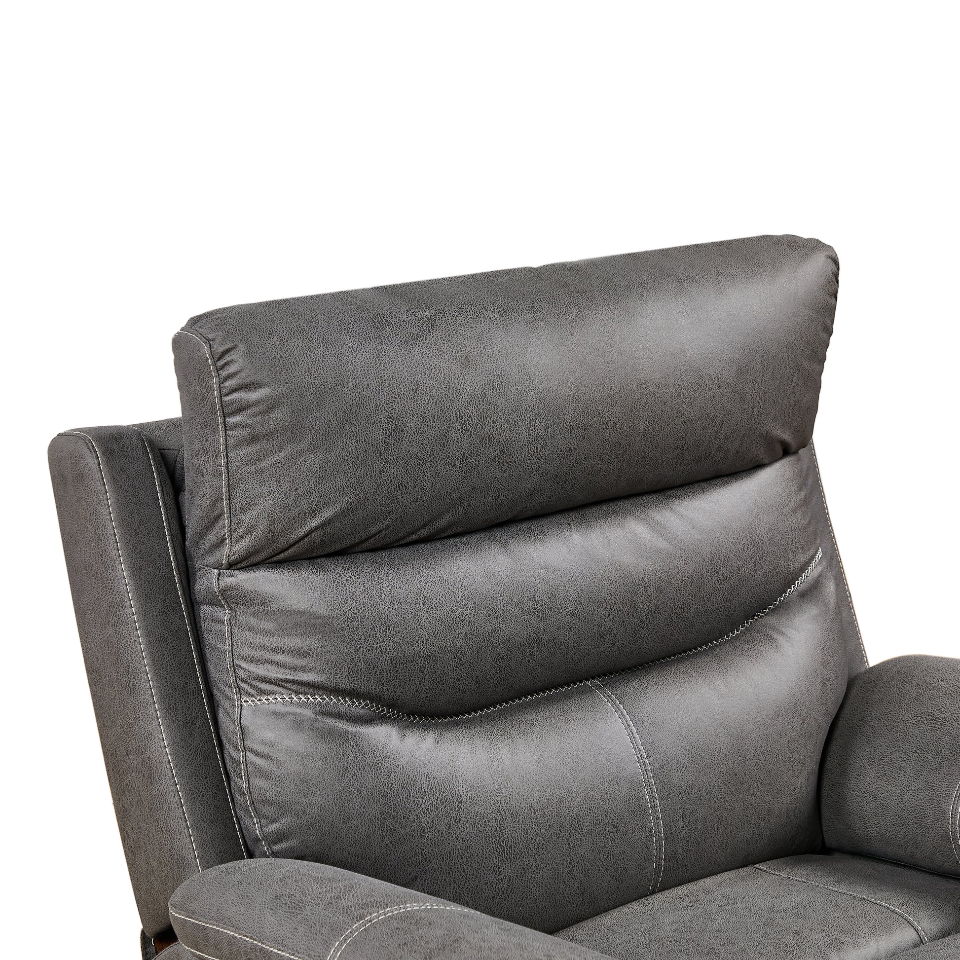 Closeup of grey faux leather recliner headrest with white stitching detail