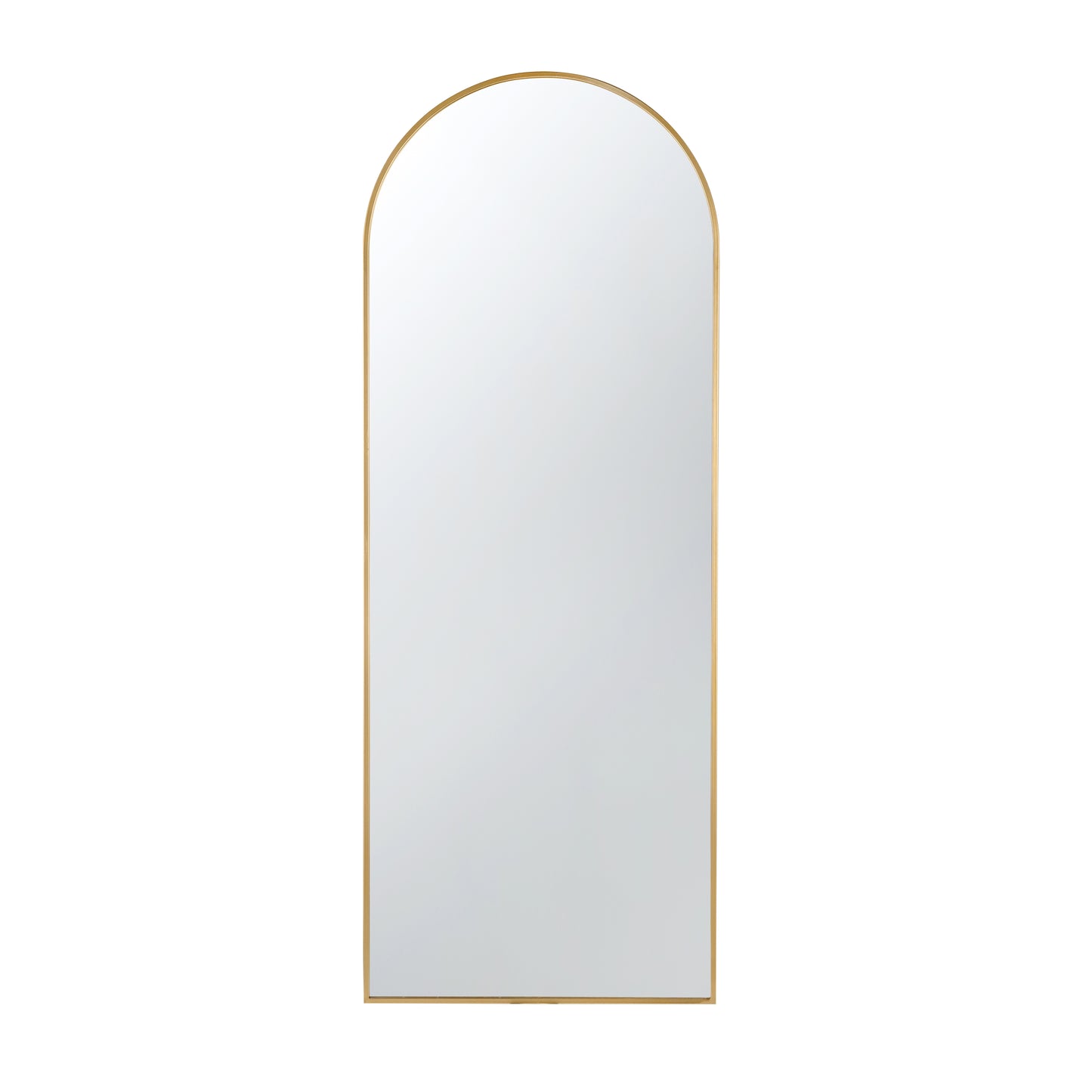 Tall arched mirror with a sleek gold metal frame perfect for entryway decor