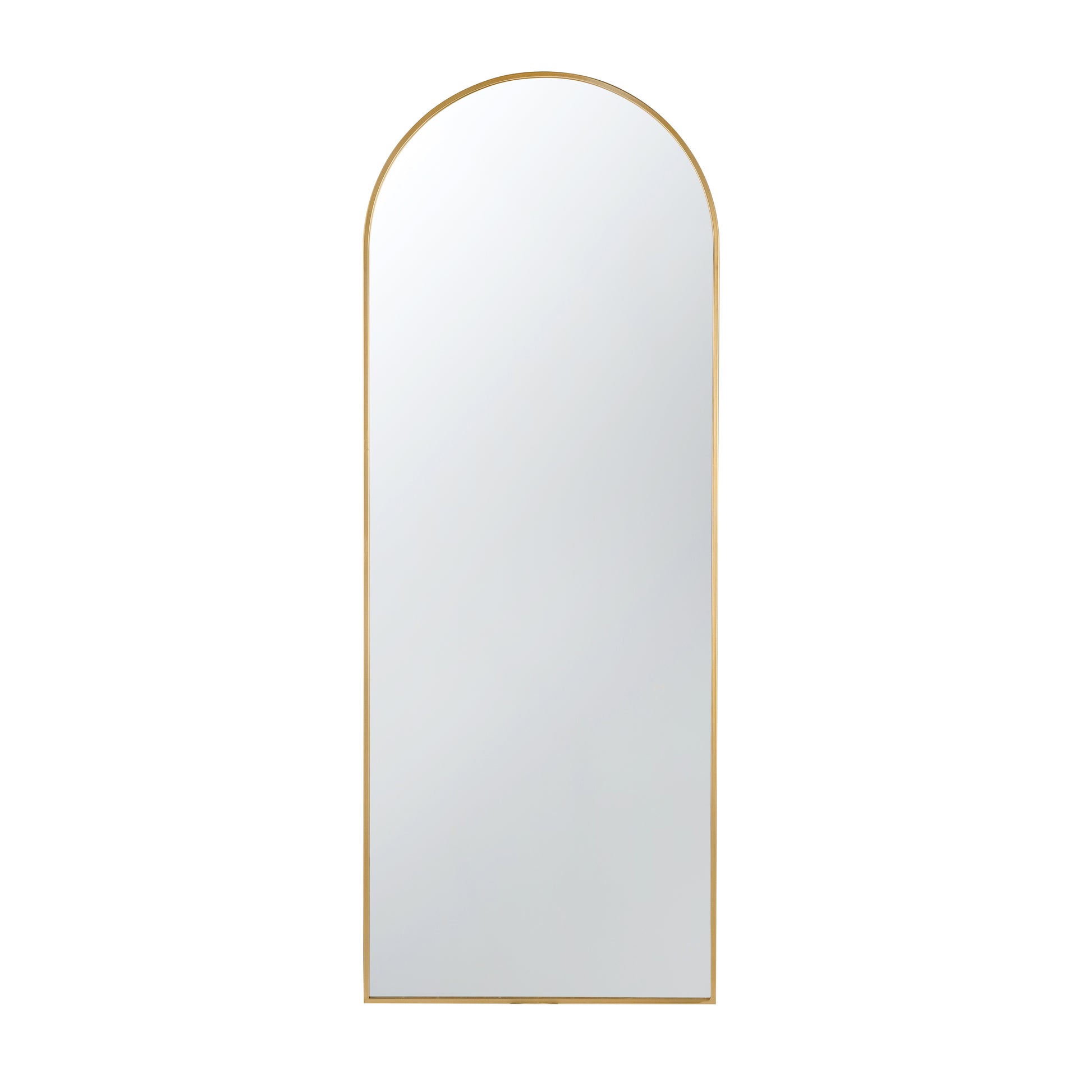 Tall arched mirror with a sleek gold metal frame perfect for entryway decor