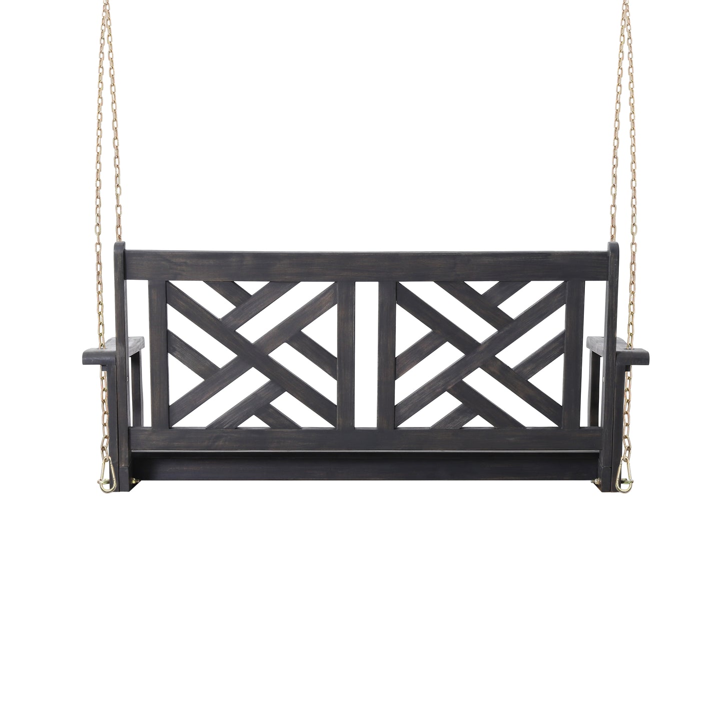 Dark gray wooden garden swing bench with lattice back design and metal chains