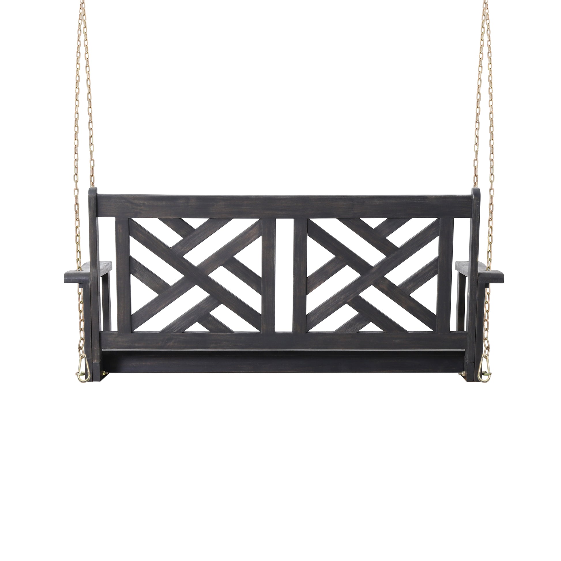 Dark gray wooden garden swing bench with lattice back design and metal chains