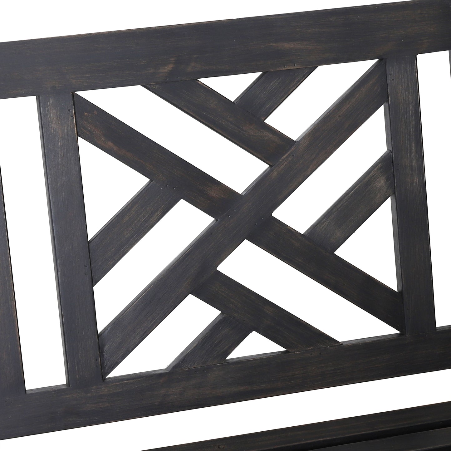 Dark stained wood bench with geometric crisscross backrest detail
