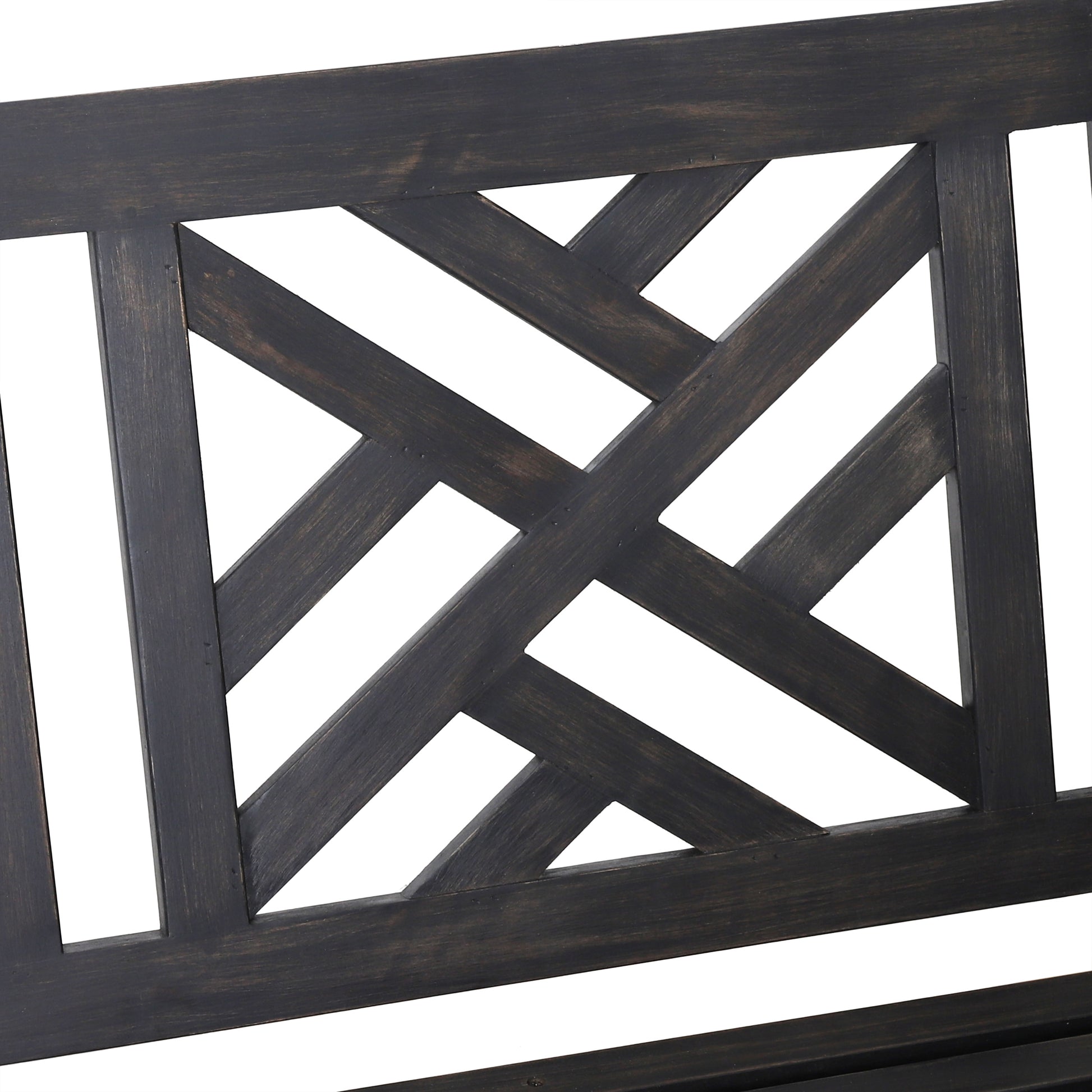 Dark stained wood bench with geometric crisscross backrest detail