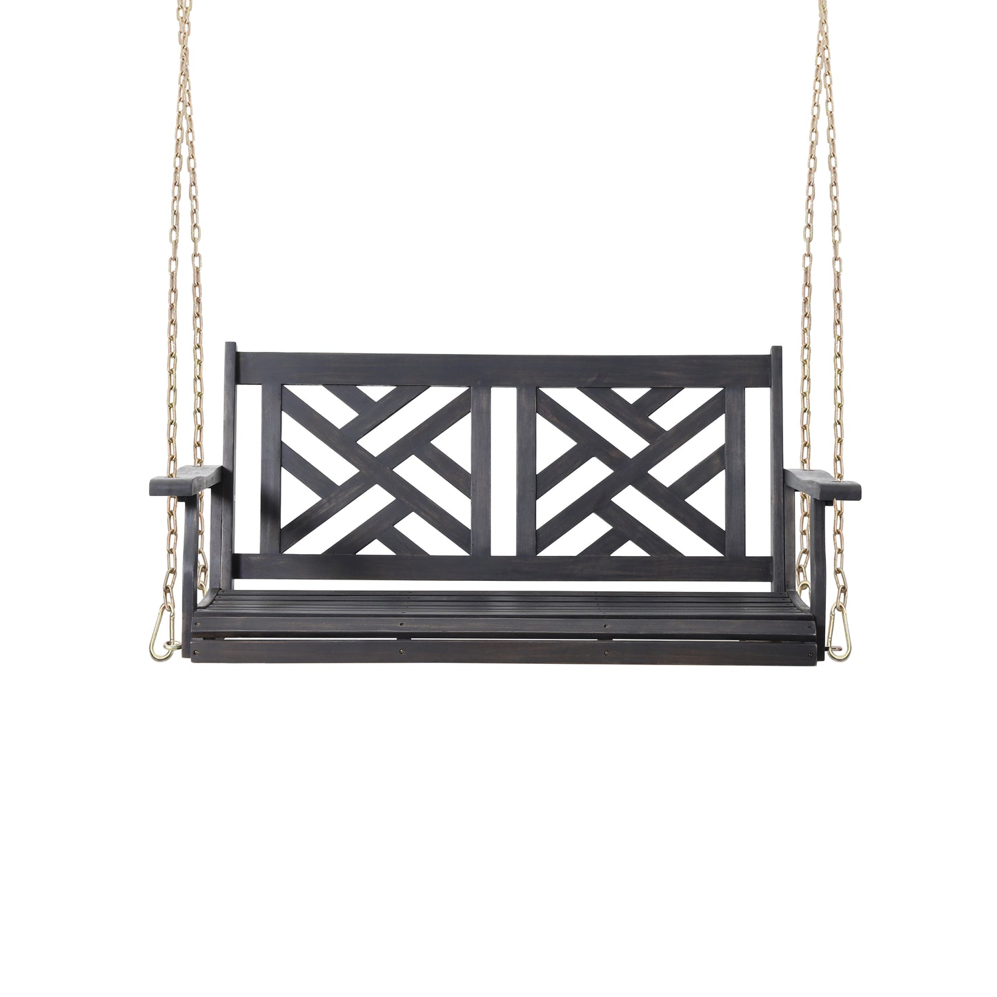 Dark wood porch swing with geometric backrest and gold chains seater
