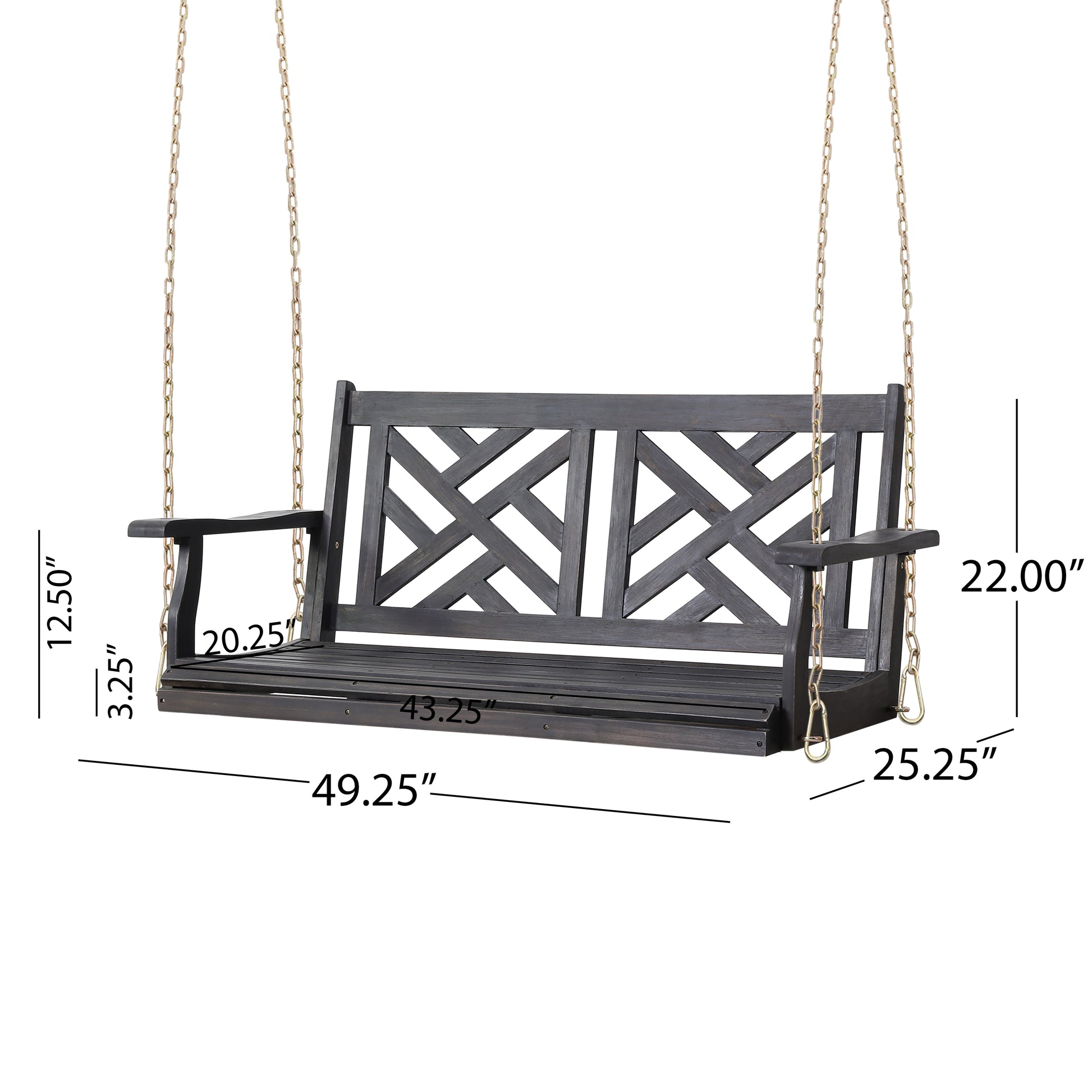 Dark gray wooden porch swing with diamond pattern back and gold chains