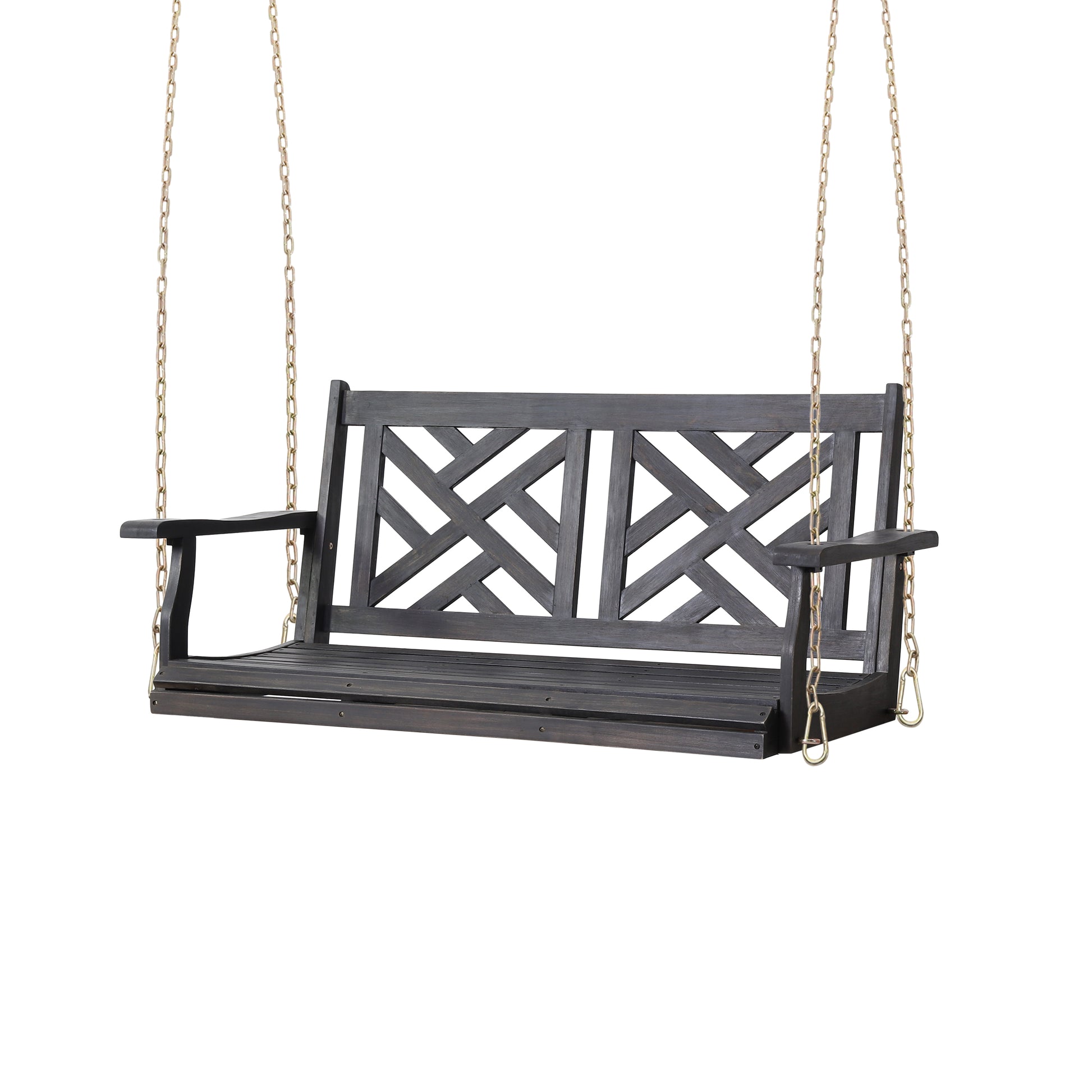 Dark grey wooden porch swing with lattice back design and brass chains