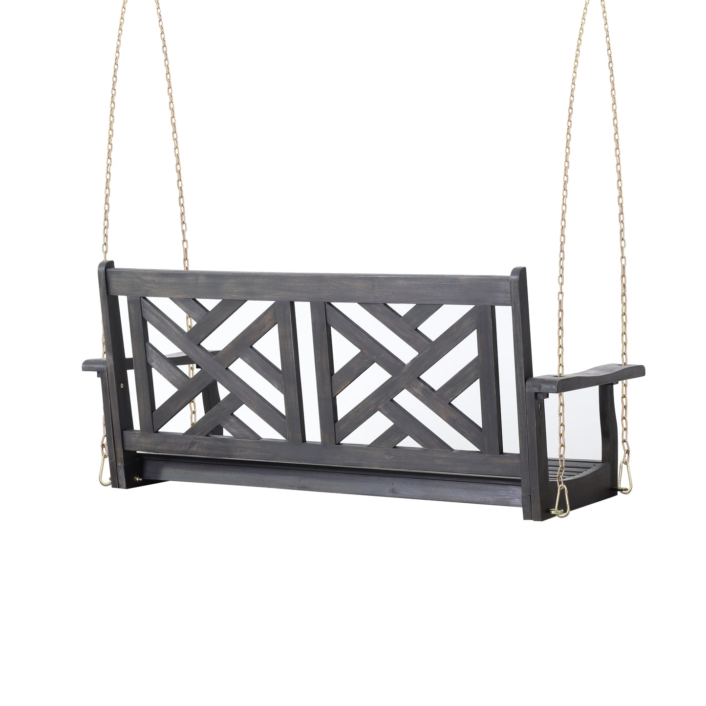 Dark gray wooden porch swing with intricate geometric backrest design and gold chains