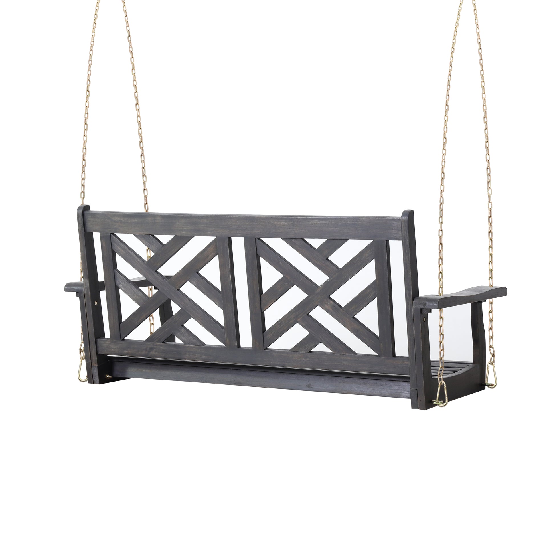 Dark gray wooden porch swing with intricate geometric backrest design and gold chains