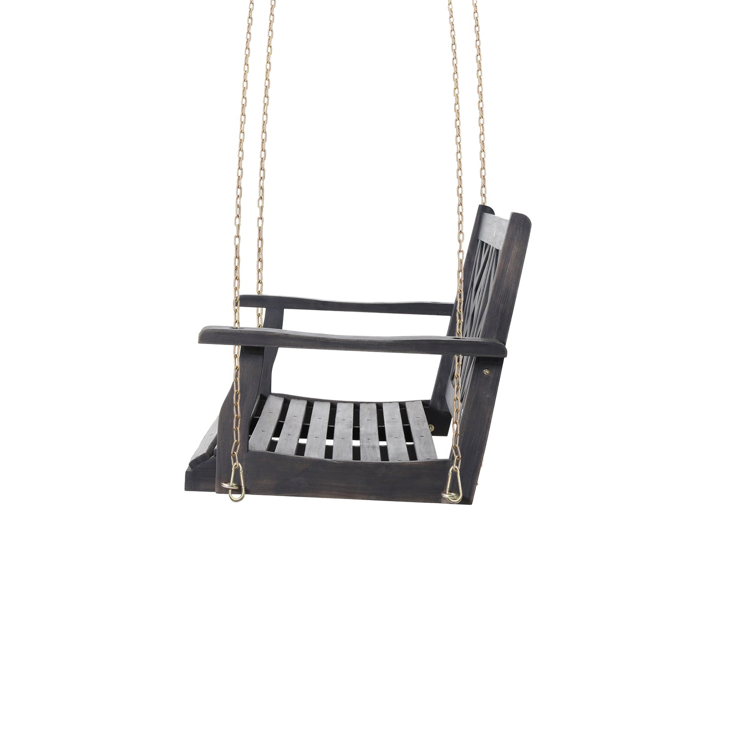 Dark stained wooden porch swing with slatted seat and gold chains
