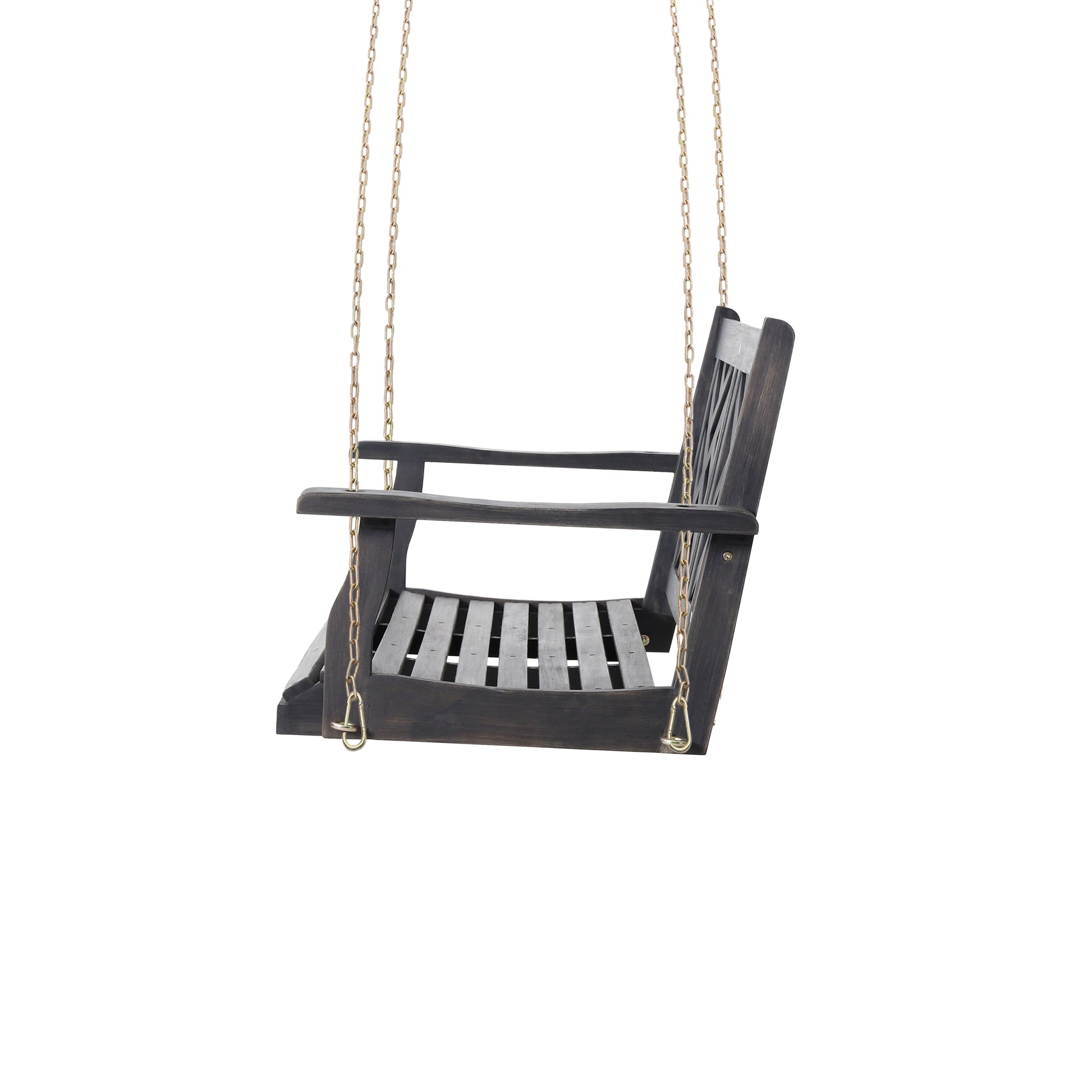 Dark stained wooden porch swing with slatted seat and gold chains