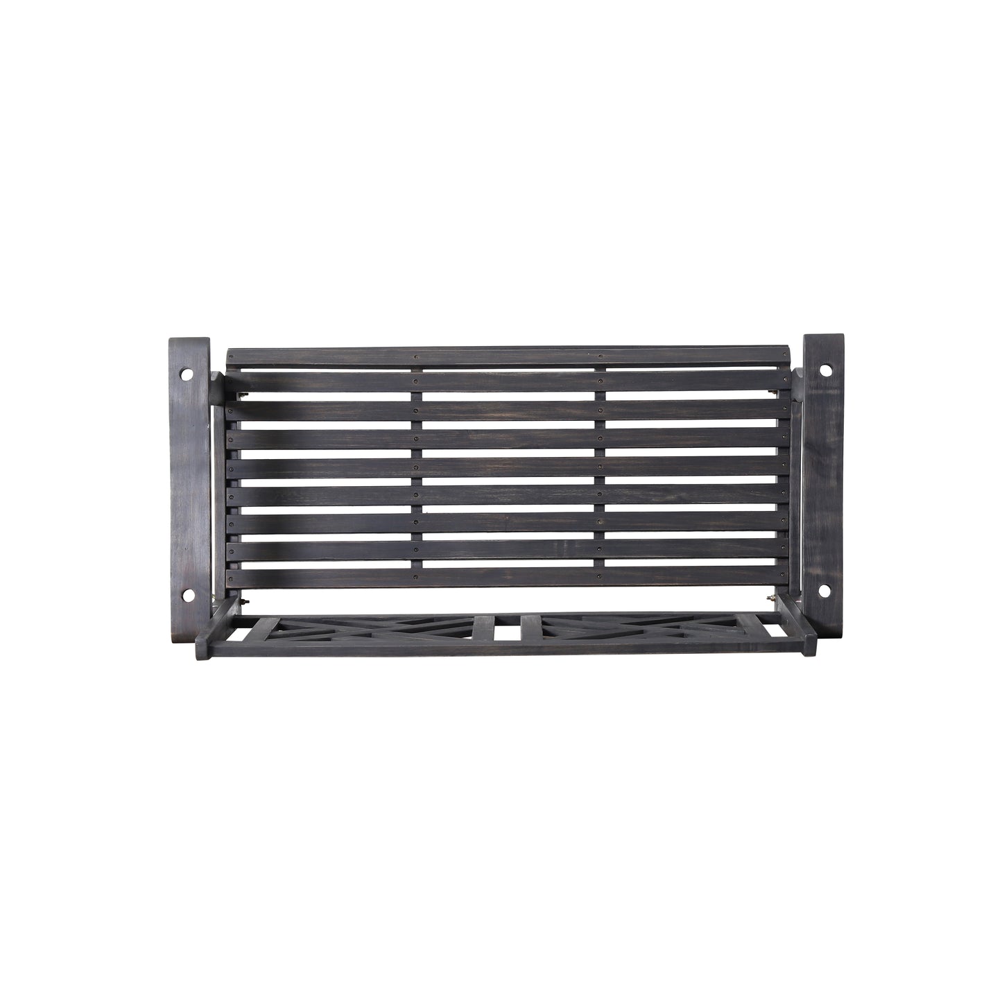 Dark grey slatted wooden bench with decorative leg details perfect for outdoor seating