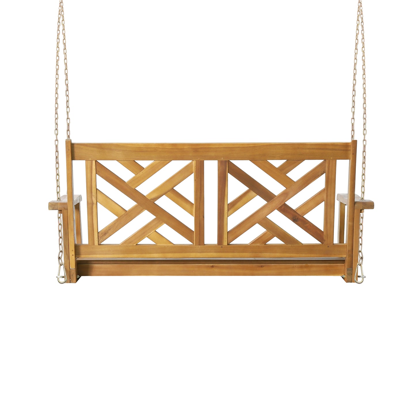 Wooden garden swing with ornate lattice back and metal chain suspension