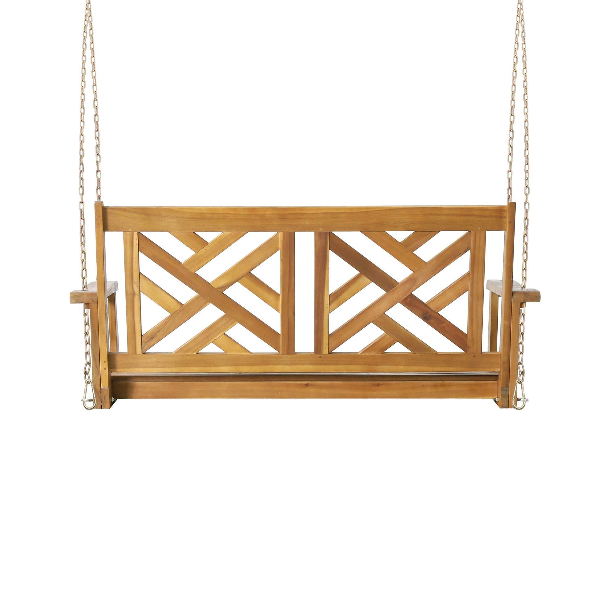 Wooden garden swing with ornate lattice back and metal chain suspension